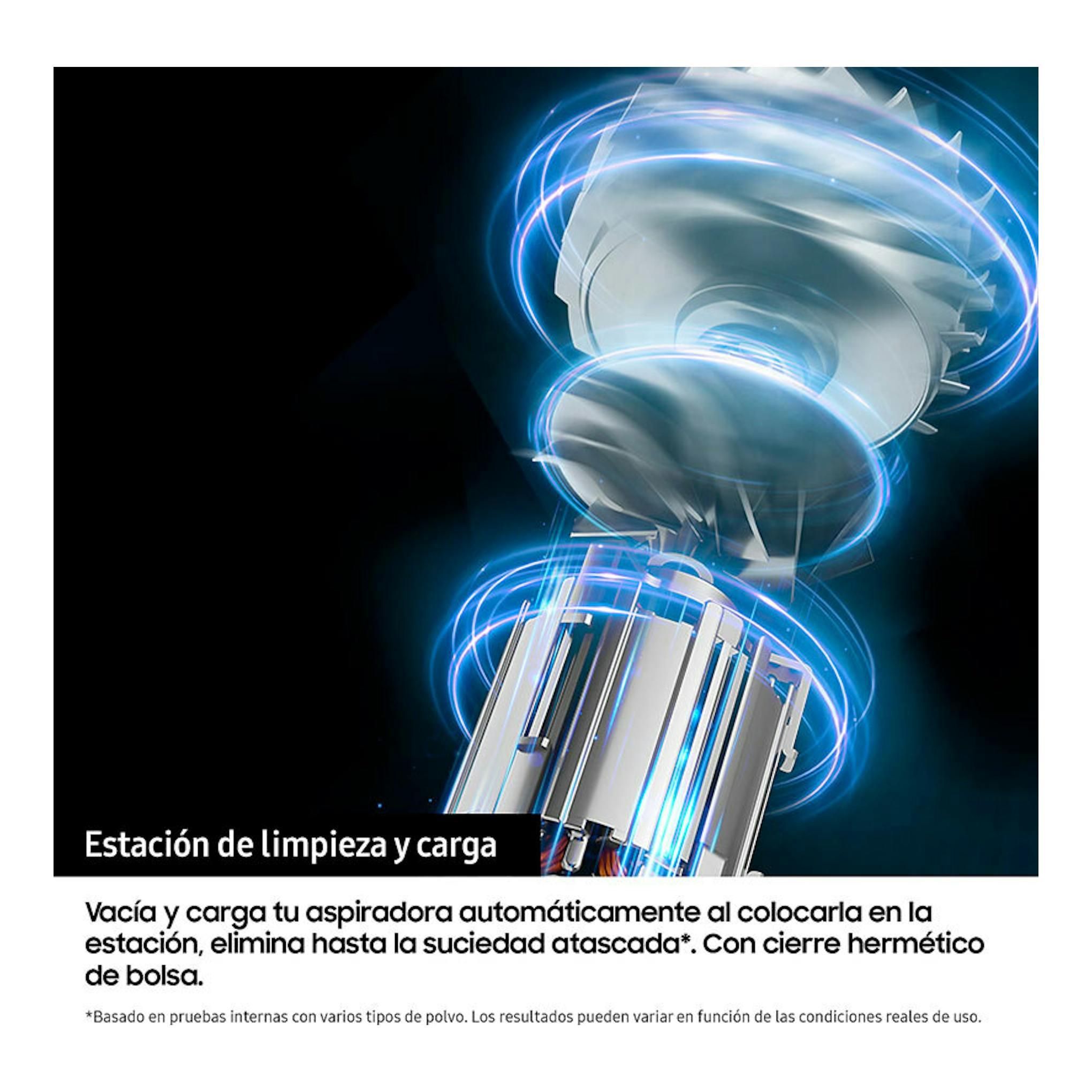 Samsung VS90F40DEK/WA: estación de limpieza y carga de aspiradora, vista en corte, fondo negro.