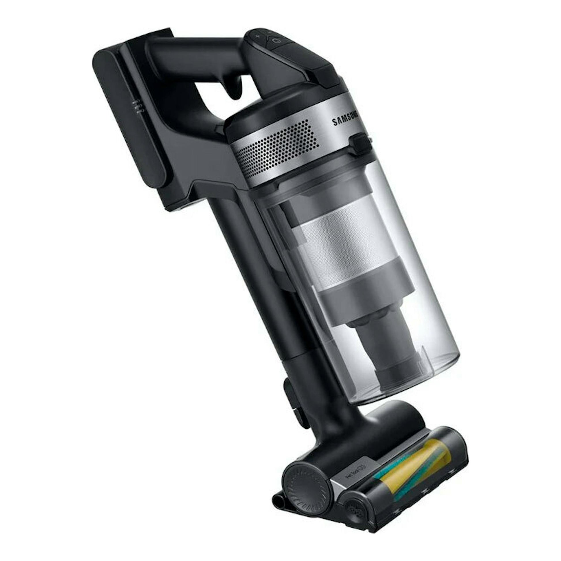 Aspirador escoba inalámbrico Samsung VS15A60AGR5/WA, negro y plateado, vista en tres cuartos.