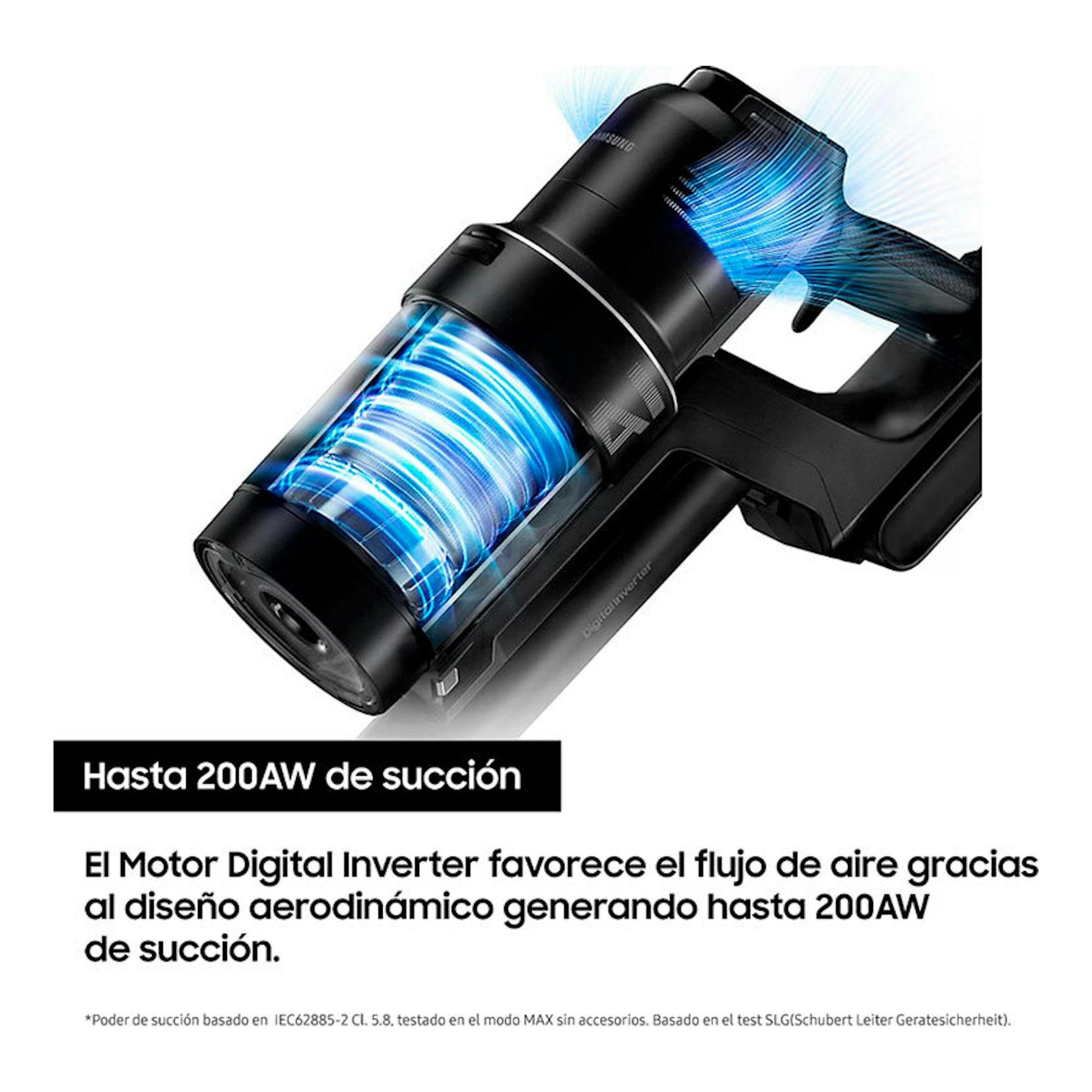 Aspiradora inalámbrica Samsung VS20B75ACR5/WA negra, vista lateral en ángulo con efecto de aire azul.