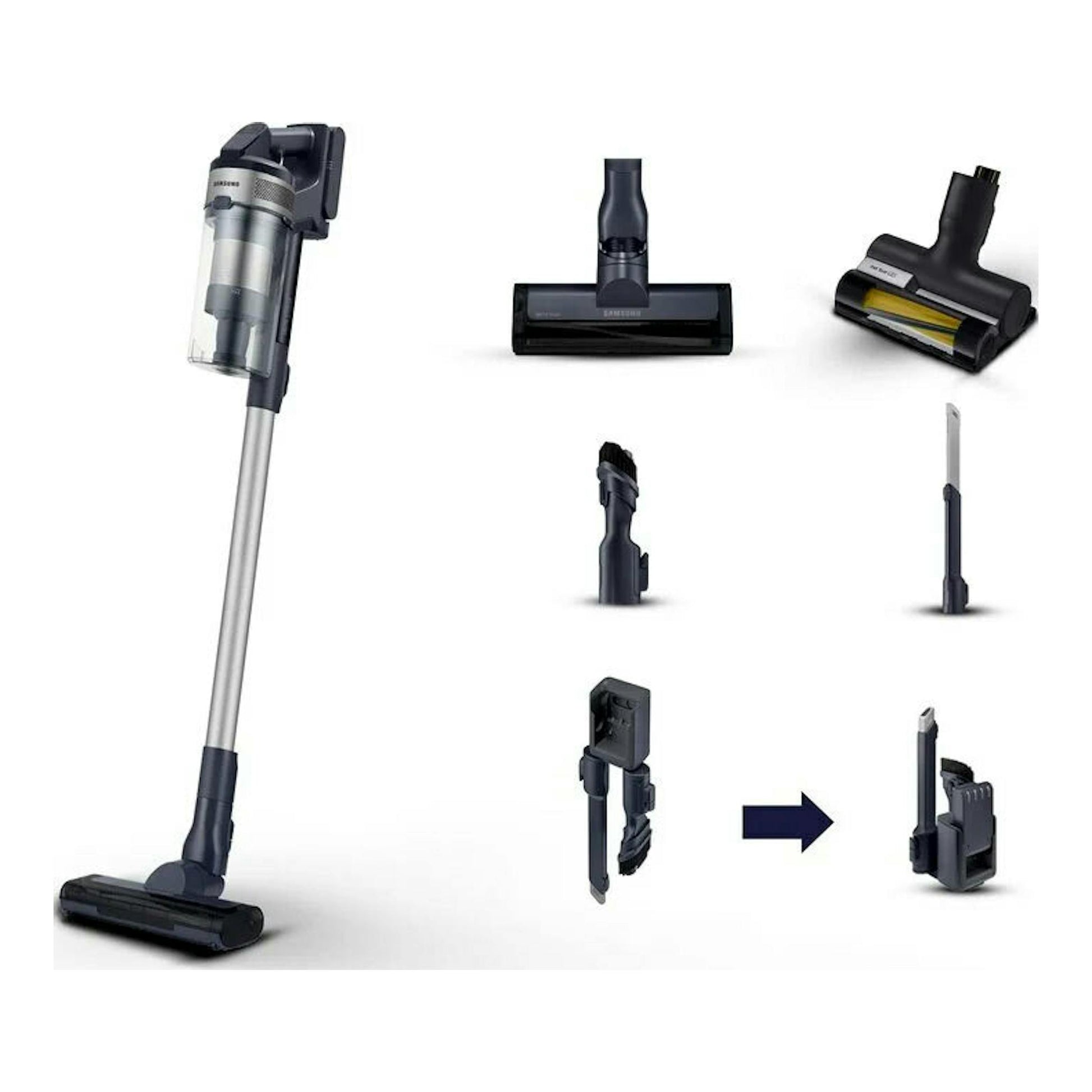 Aspirador escoba Samsung VS15A60AGR5/WA en negro y gris, con accesorios, vista frontal sobre fondo blanco.